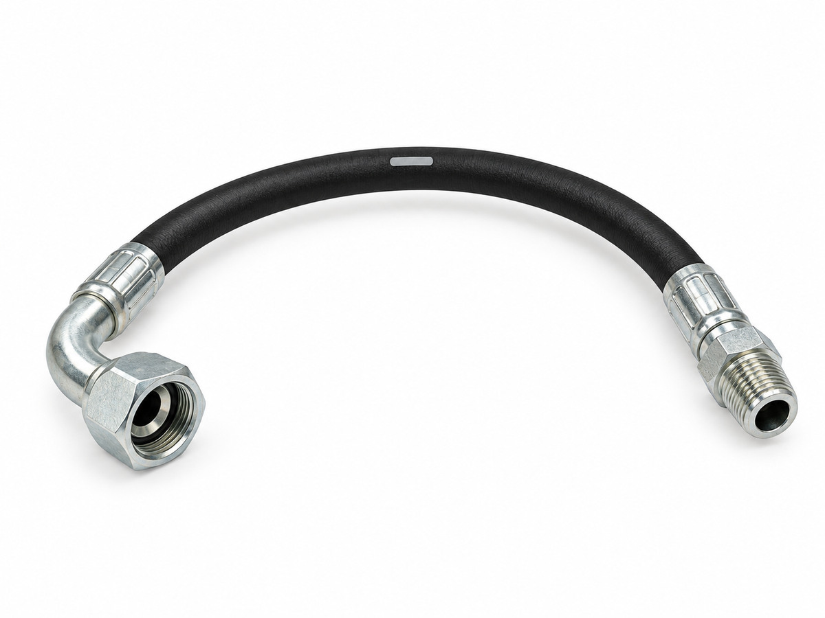 РВД Jackmaster Manuli 700 бар, DN10, длина 150 мм, фитинги BSP 3/8″ (гайка) 90° / NPTF 3/8″