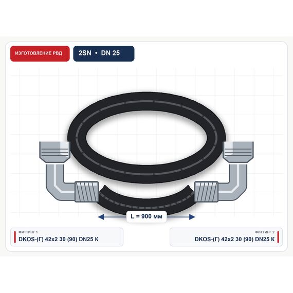 РВД 2SN в сборе, DN25, 900 мм, фитинги DKOS гайка 42×2 30 (90) и DKOS гайка 42×2 30 (90)
